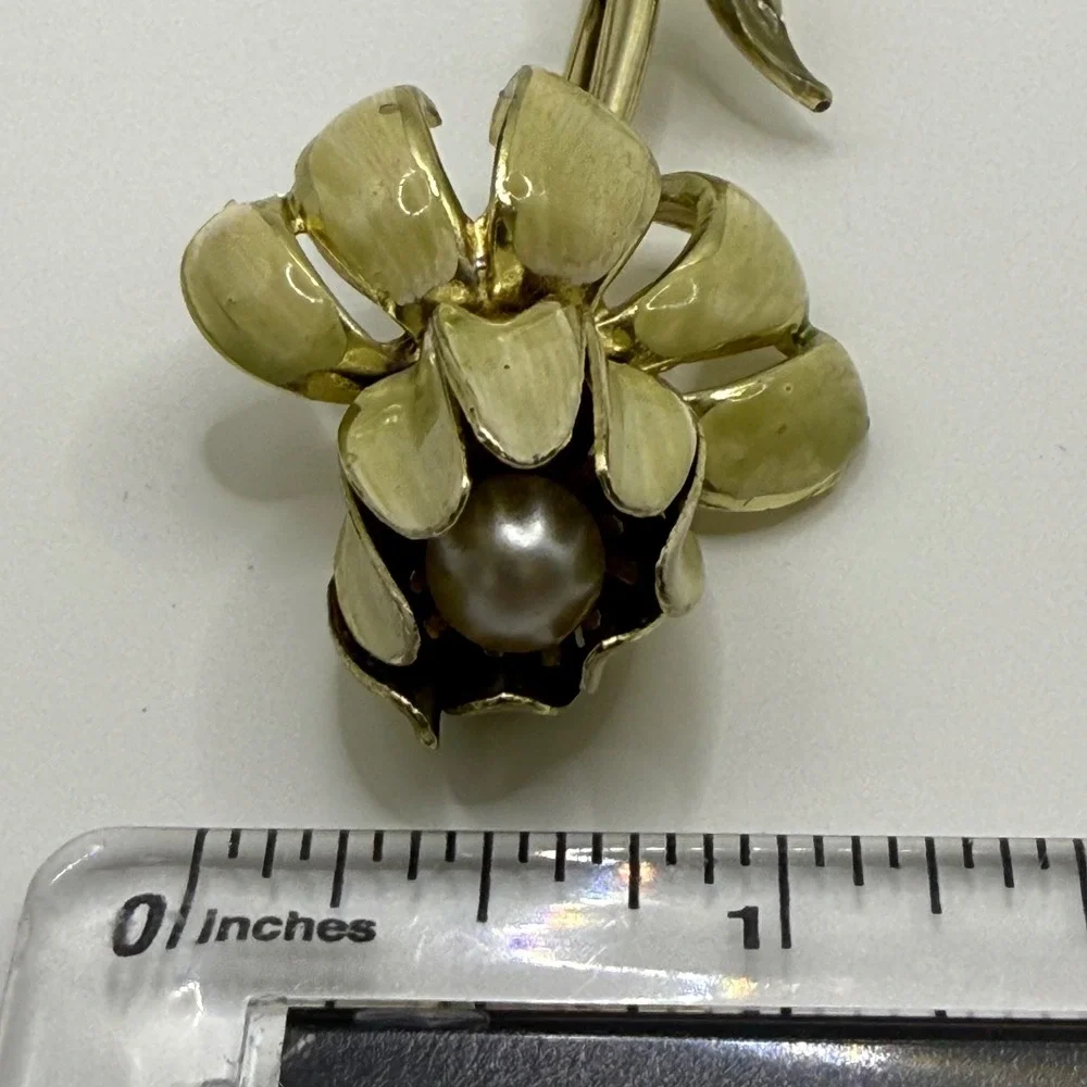 Coro Vintage Gold Tone Enamel Tulip Flower Brooch Pin with Faux Pearl Accent